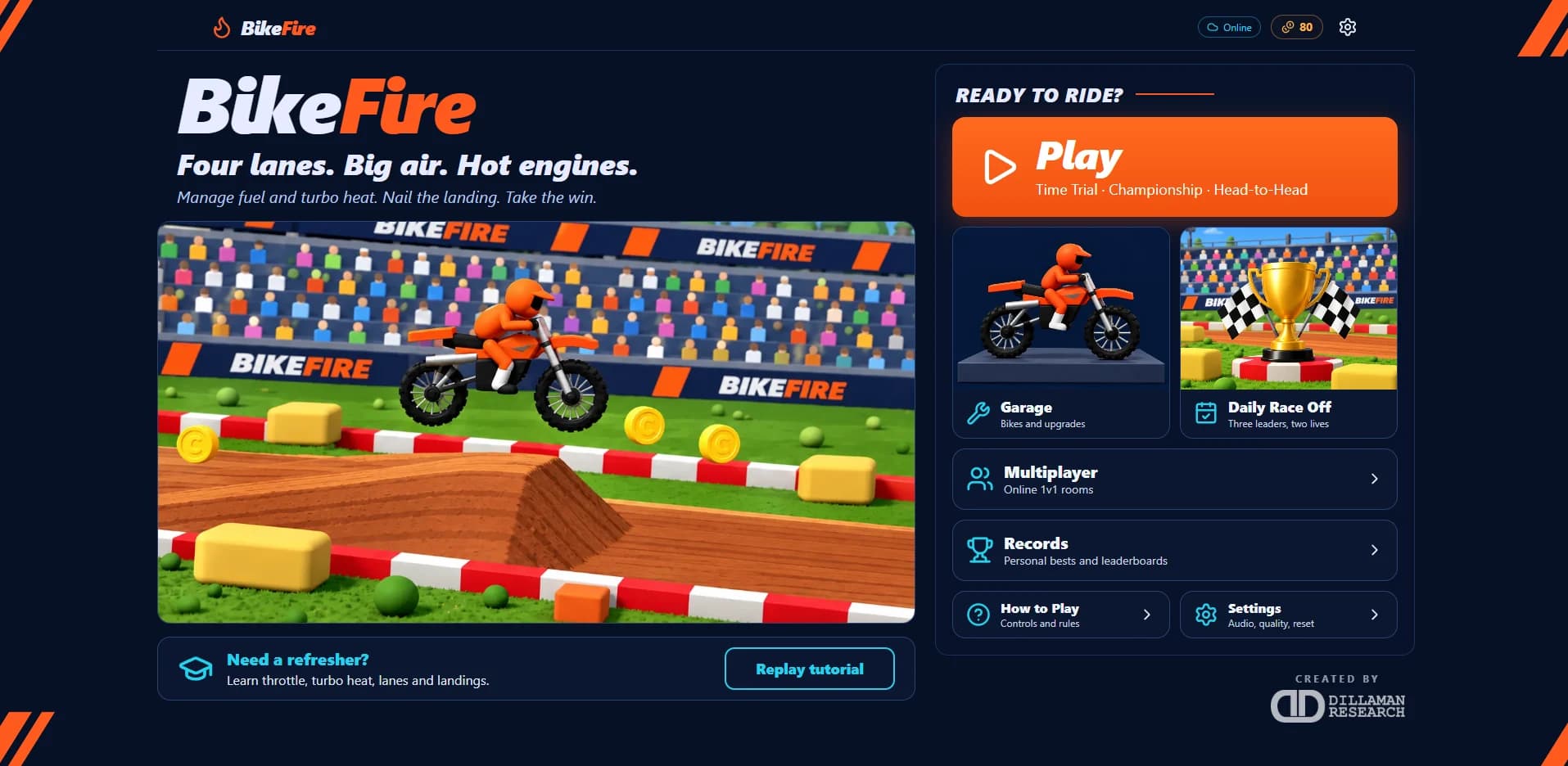 BikeFire menu with solo, garage, daily and multiplayer options