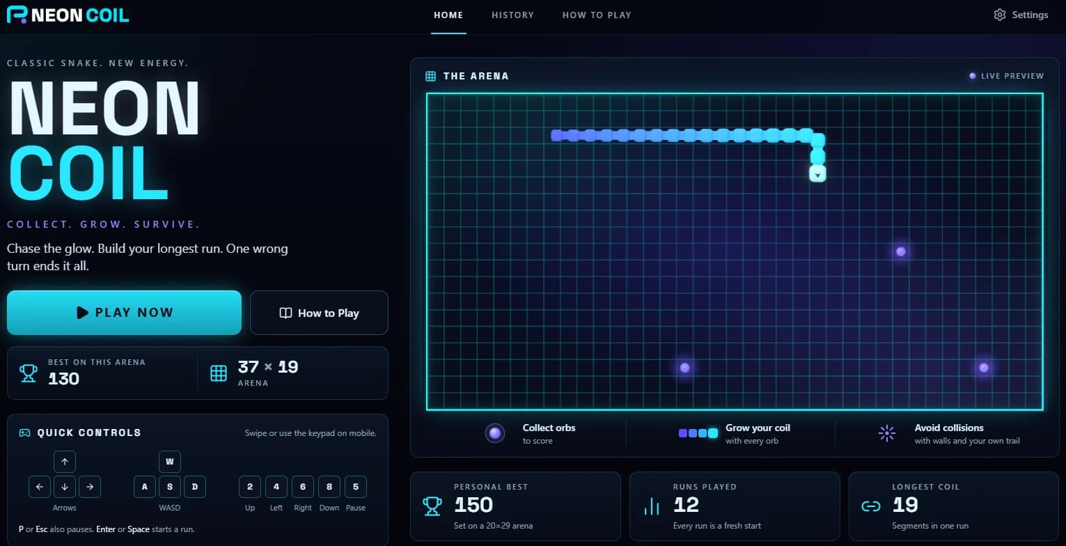 Neon Coil home screen with a glowing cyan and violet coil, grid arena and quick controls