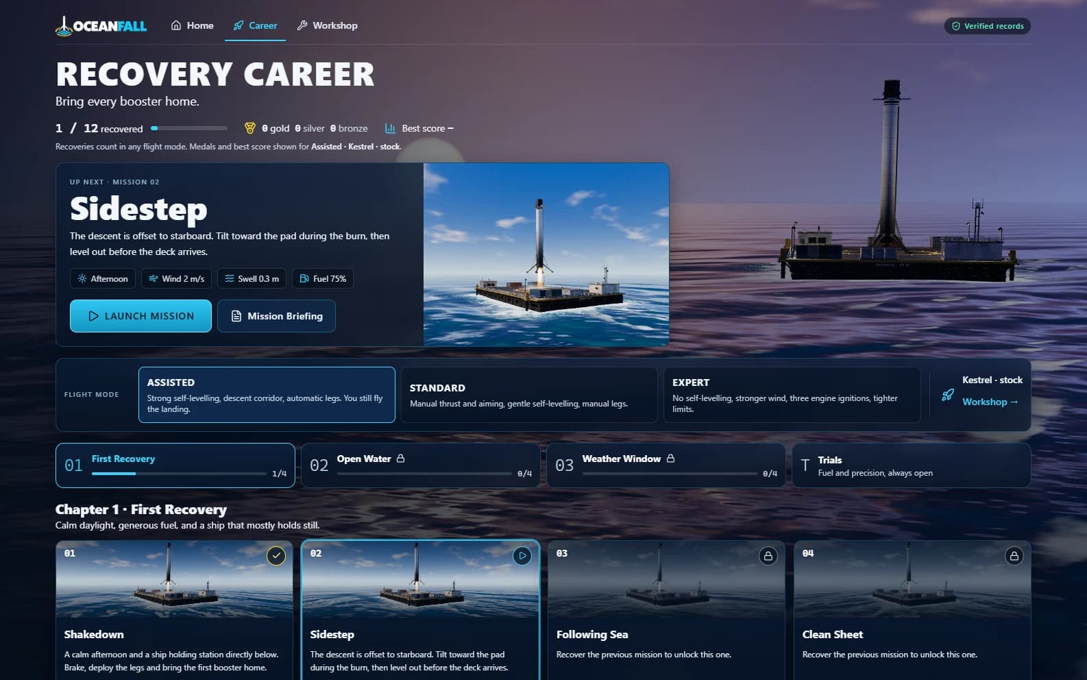 OceanFall Recovery Career with twelve missions and three flight modes