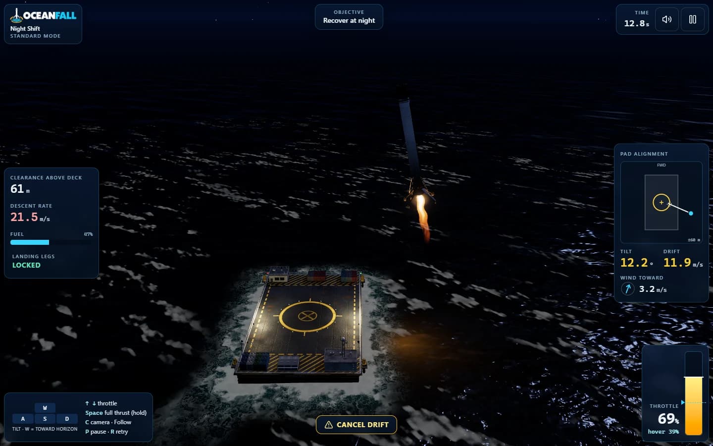 Oceanfall booster approaching an ocean landing platform at night