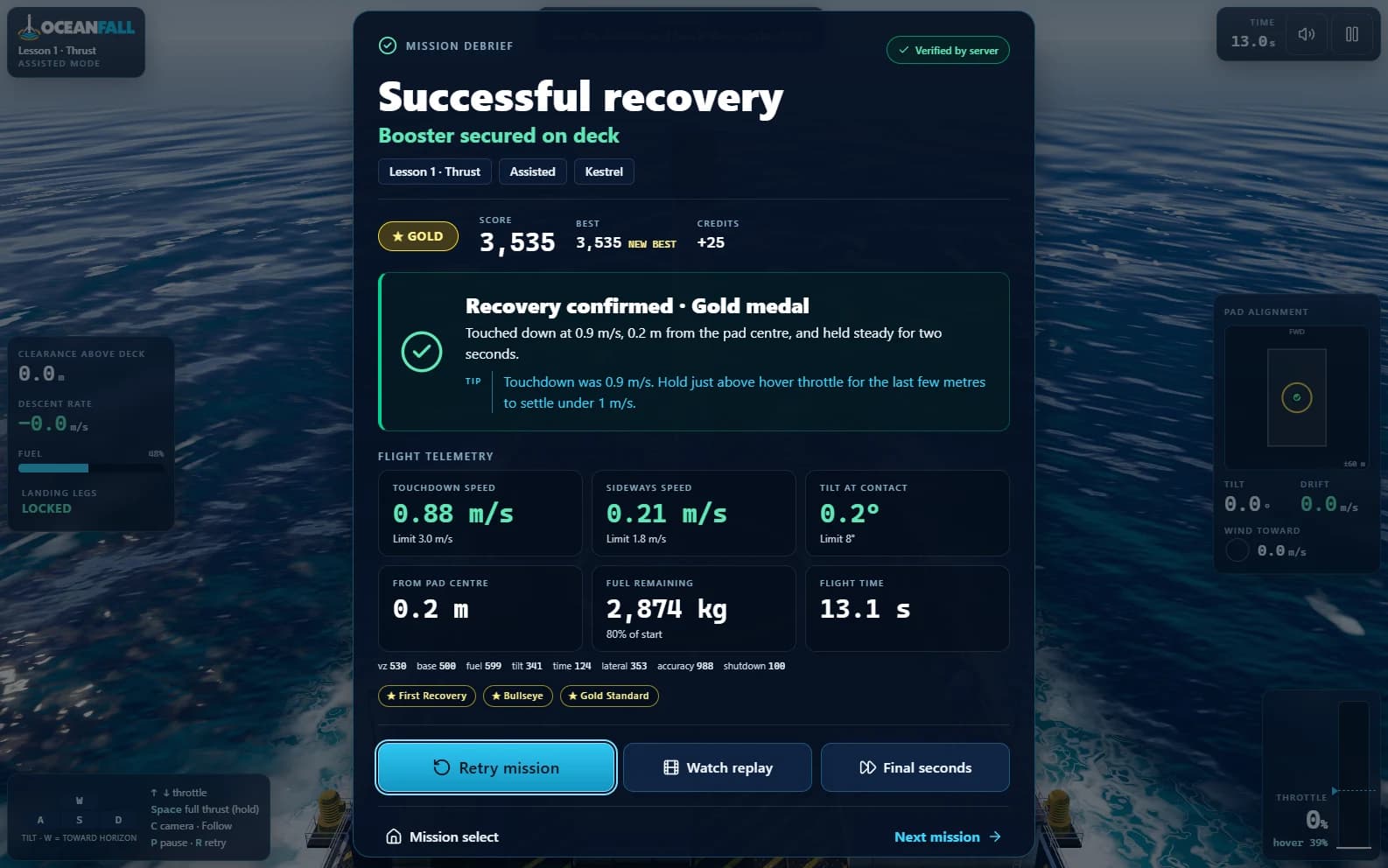 Successful recovery debrief with a gold medal, touchdown telemetry and replay controls