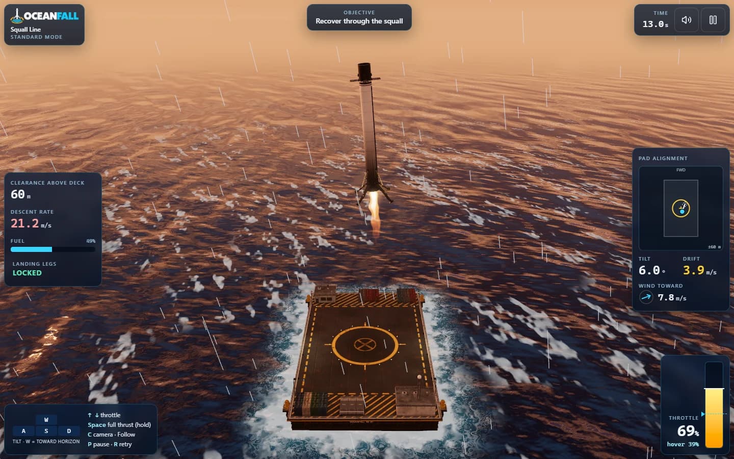 A rocket booster descending through rain toward the drone ship