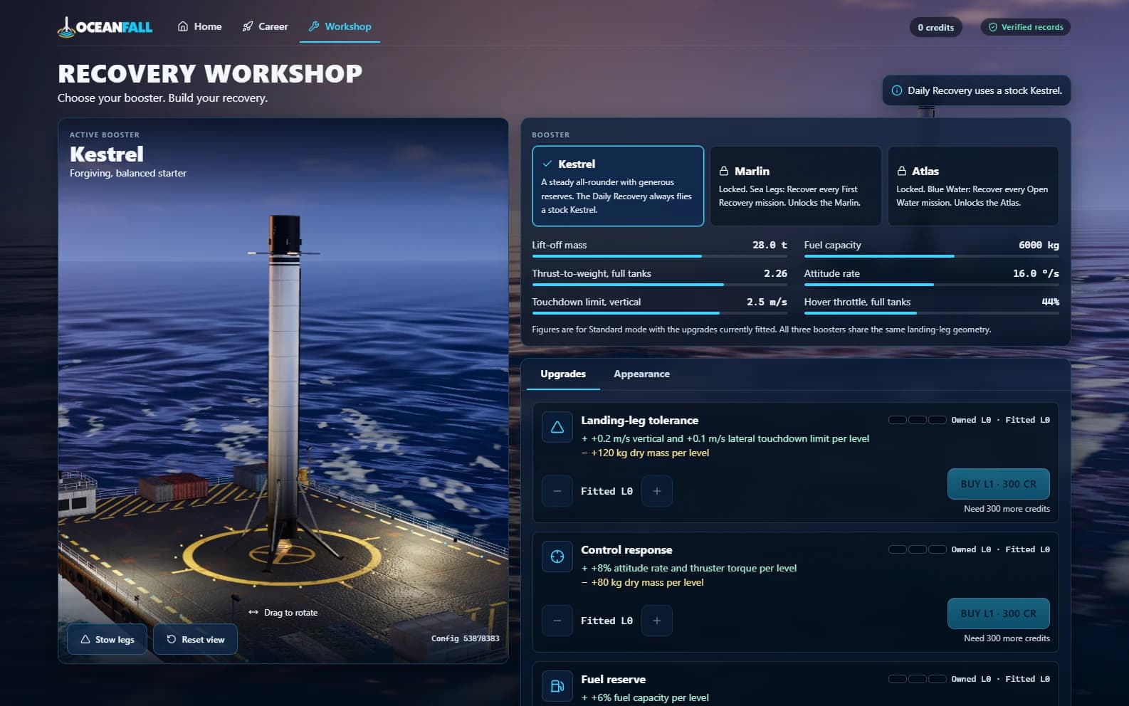 Kestrel booster preview and landing-leg, control and fuel upgrades in the workshop