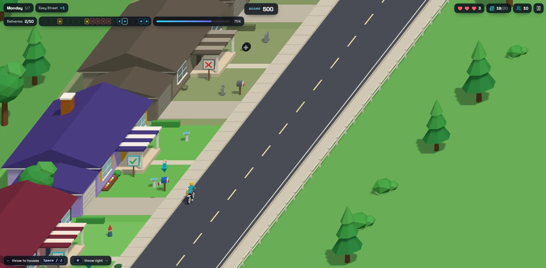PaperRun cyclist approaching a blue-arrow mailbox on a neighborhood street
