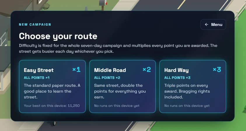 Easy Street, Middle Road and Hard Way route selection
