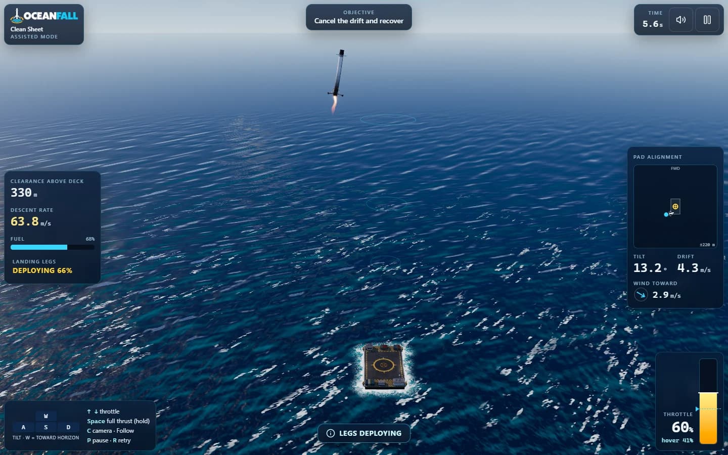 Oceanfall booster descending toward a small landing platform at sea